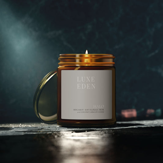 HALO Signature Coconut Apricot Candle | Bergamot, Soft Florals & Musk | Luxe Eden (9 oz)